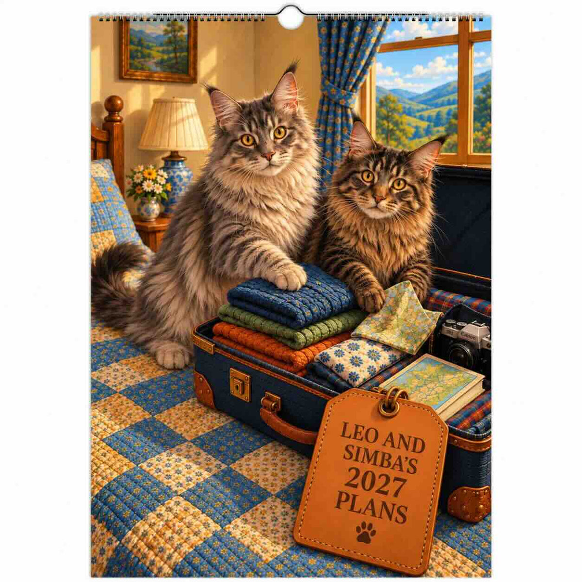 A wall-hanging calendar or print featuring two fluffy cats sitting on top of an open suitcase packed with folded blankets and a map, in a cozy bedroom scene. A leather tag on the suitcase reads “LEO AND SIMBA’S 2027 PLANS.