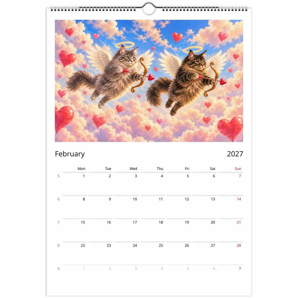 A hanging wall calendar page for February 2027 featuring an illustration of two winged cats with bows and arrows floating among pink clouds and red hearts, with a calendar grid below.