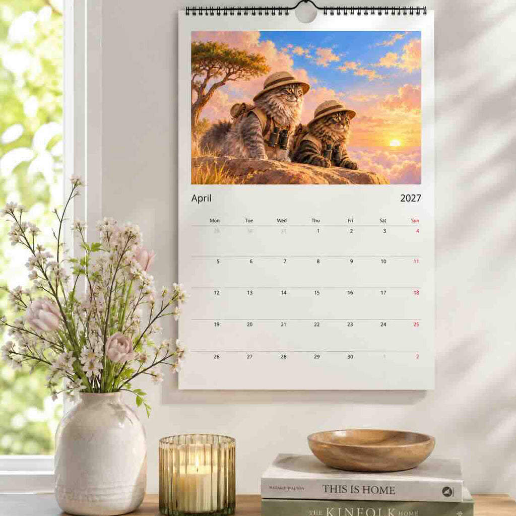 A wall-mounted 2027 calendar page hanging in a bright room, featuring a colorful illustration of two cats sitting on rocks under a sunset sky. The calendar is displayed above a wooden table with a vase of pink flowers, a candle, and books.