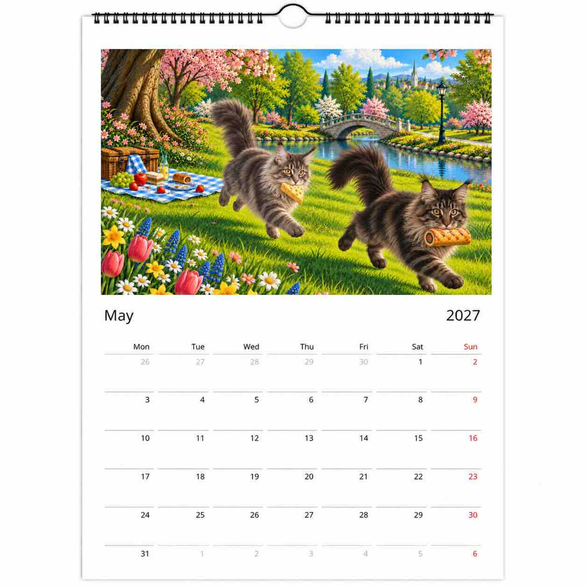 A spiral-bound monthly calendar page showing May 2027, with a large colorful illustration of two cats running through a park and holding yellow balls. The calendar has a white page with black text and red days of the week.
