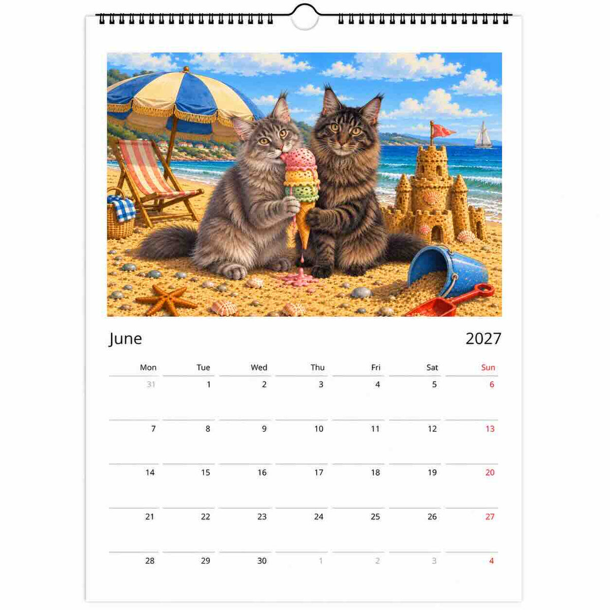 A spiral-bound wall calendar page showing a colorful beach scene with two cats on a sandy shore, with the calendar grid for June 2027 below the artwork.