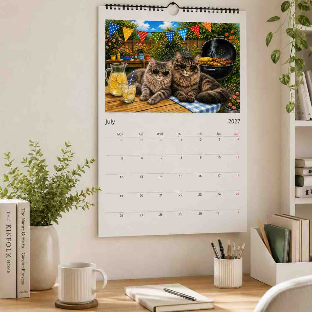 A wall-mounted 2027 calendar page featuring a colourful photo of two cats at a BBQ, displayed on a beige wall above a wooden desk with books, a mug, and stationery.