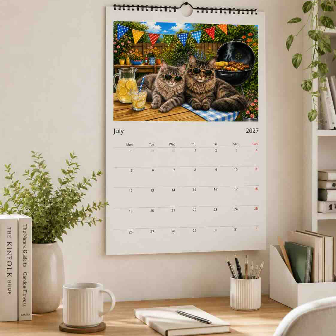 A wall-mounted 2027 calendar page featuring a colourful photo of two cats at a BBQ, displayed on a beige wall above a wooden desk with books, a mug, and stationery.