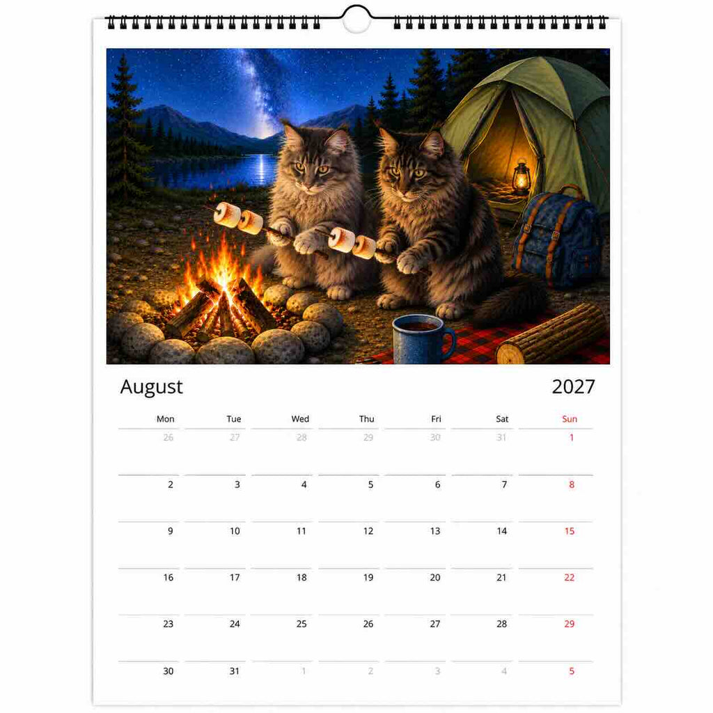 A single-page spiral-bound calendar page showing August 2027, with a large illustrated campfire scene featuring two cats roasting marshmallows beside a glowing tent and mountains at night.