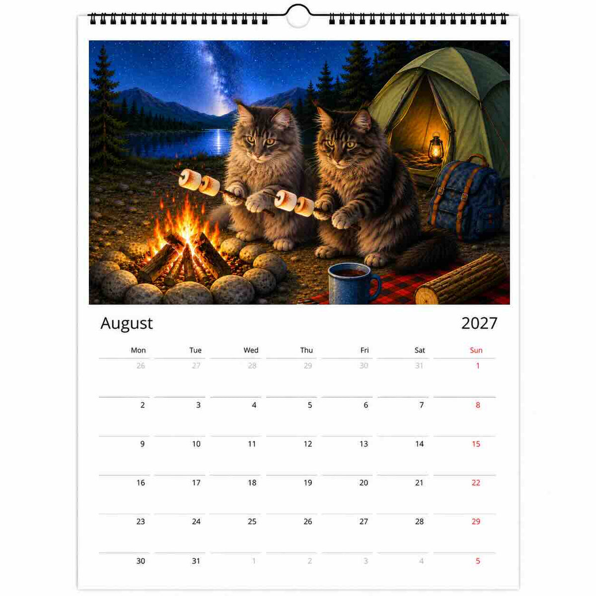 A single-page spiral-bound calendar page showing August 2027, with a large illustrated campfire scene featuring two cats roasting marshmallows beside a glowing tent and mountains at night.